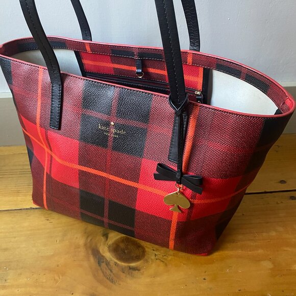 Kate Spade Red and Black Plaid Tote Satchel - Picture 6 of 8